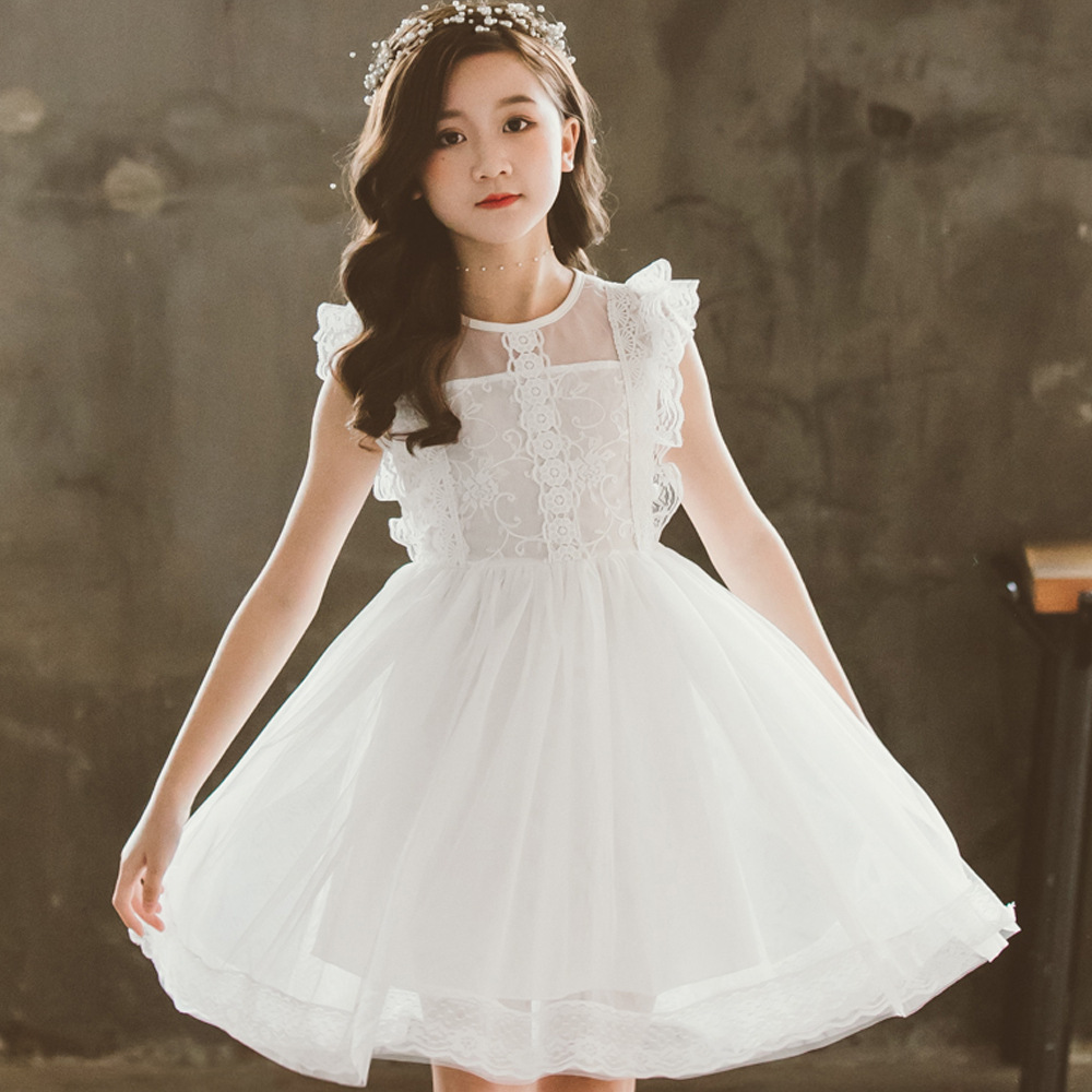 女童连衣裙夏新款女孩公主裙薄款白纱裙蕾丝红色花童裙7岁裙子