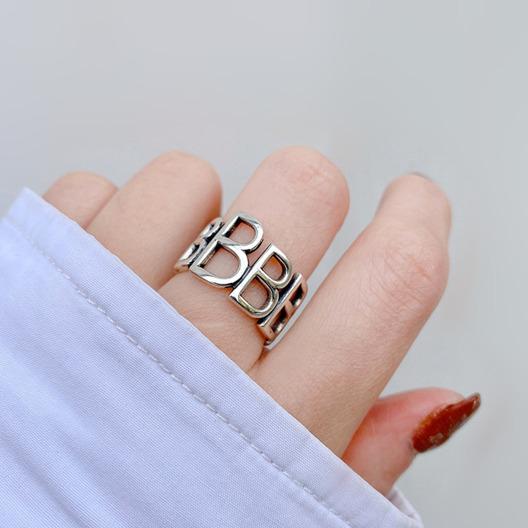 韩版ins设计b字母戒指女时尚个性英文复古指环开口手饰品批发