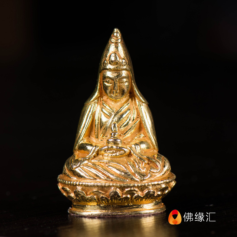 藏传佛教 密宗供奉摆件尼泊尔手工铜全鎏金5cm大乐莲师佛像