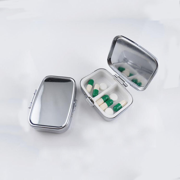 出口小药盒pillbox金属2格药盒方形环保药丸盒便携药盒 定制logo