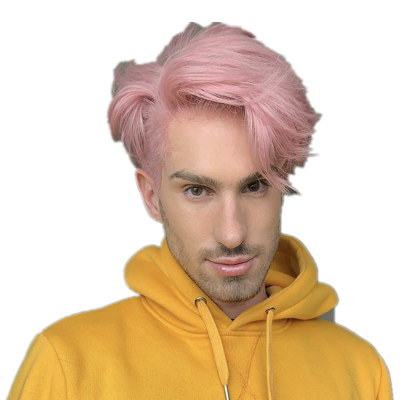 欧美新款假发男士短发帅气个性年轻人假头套浅粉色偏分短直发蓬松