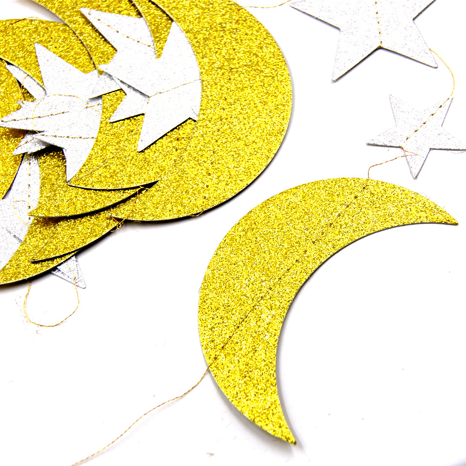 2m五角星月亮挂饰金葱五星纸拉花星月纸片吊饰斋月节婚礼派对装饰