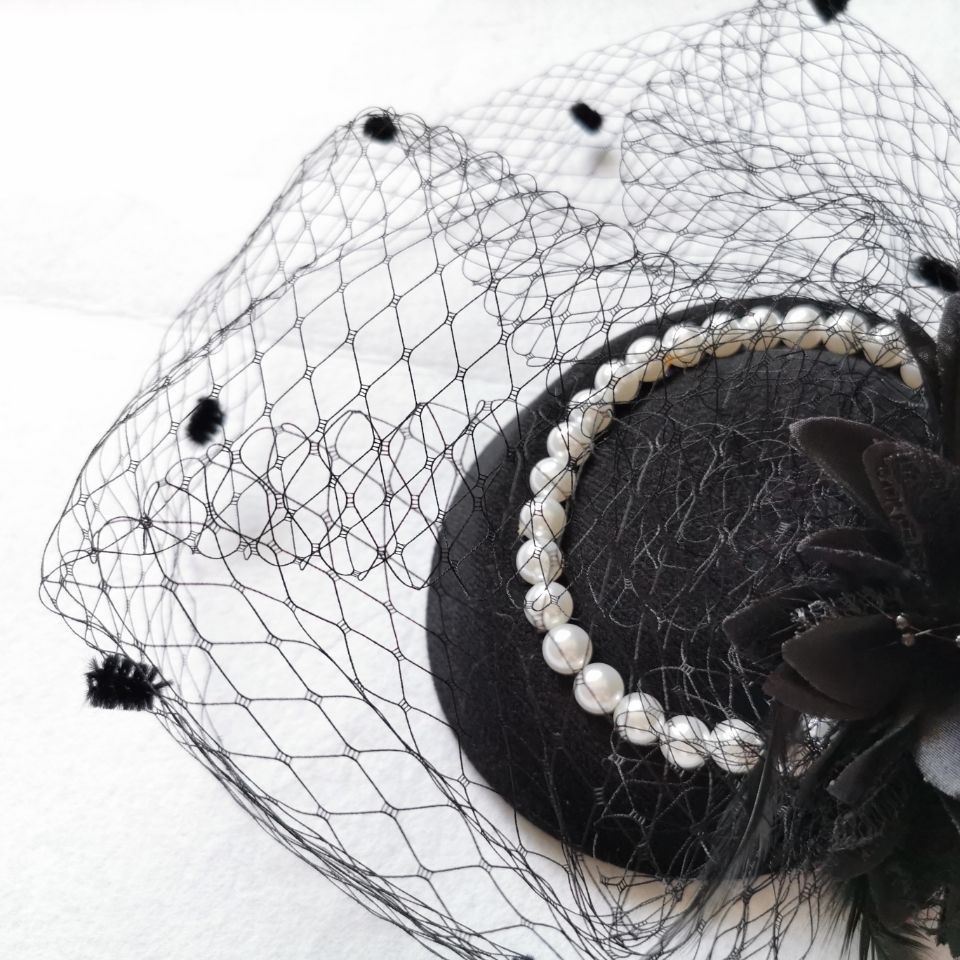 北欧黑色花朵纱帽舞台演出富贵名媛头饰拍摄道具新娘礼帽亚马逊