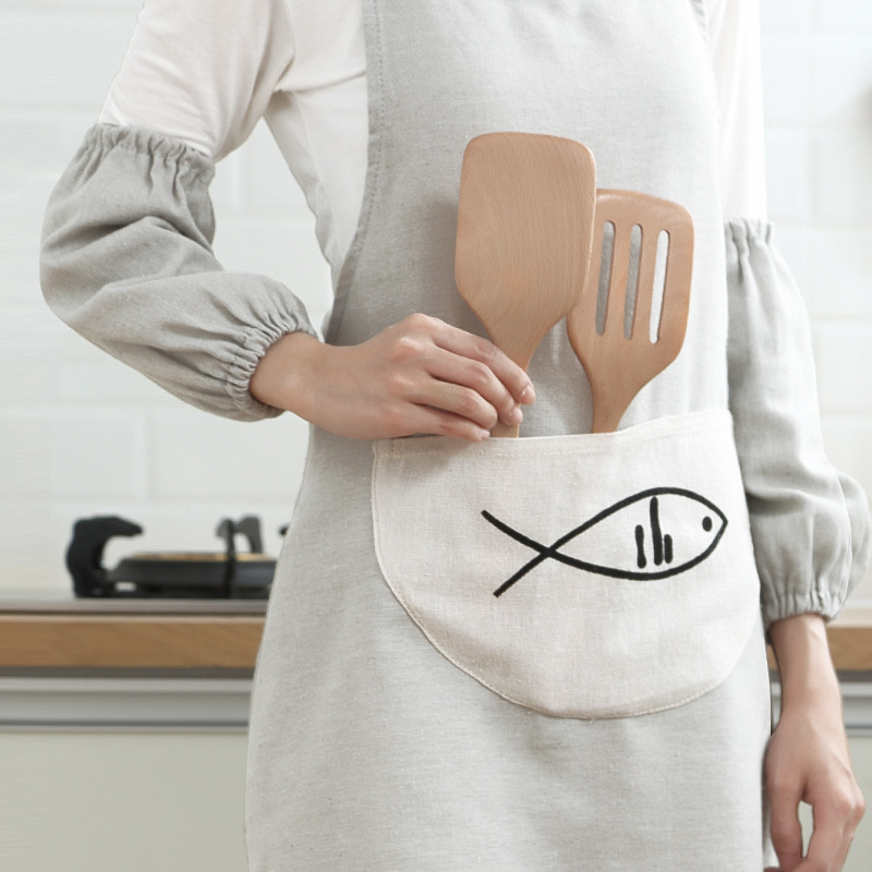 家居棉麻卡通围裙 成人厨房做饭背带式围兜 女士防水防油围腰定制