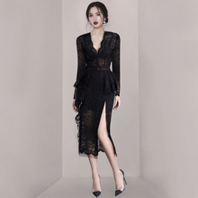黑色镂空性感蕾丝连衣裙女长袖2020秋季新款气质高端名媛秋装裙子