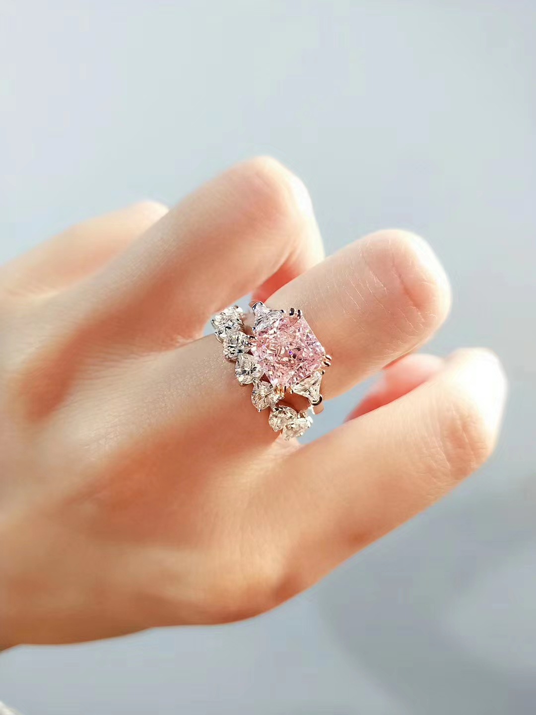 方形粉钻3克拉纯银镀18k白金戒指进口高碳钻仿真钻石指环时尚钻戒