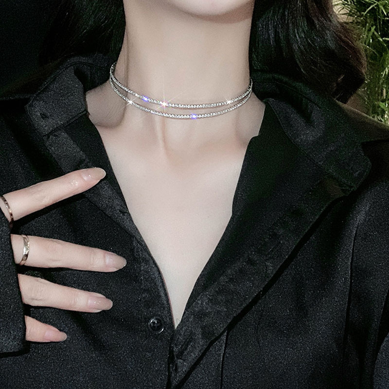 2021新款网红 双层锁颈带骨链项圈女 choker脖子饰品满钻闪亮项链