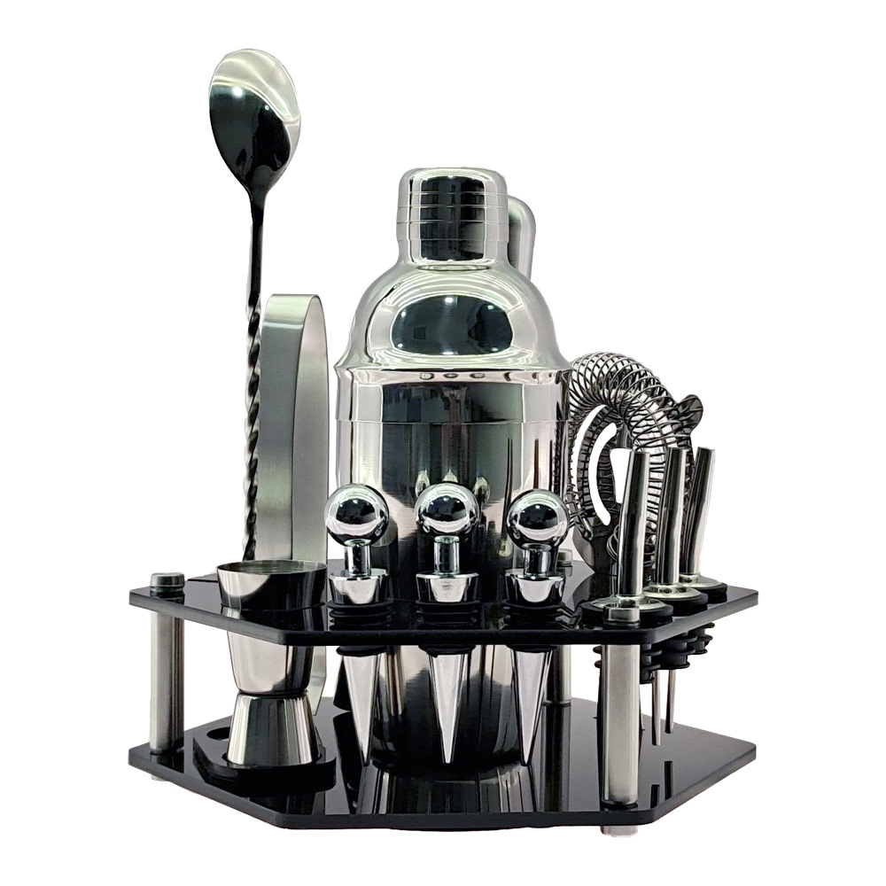 新款黑色亚克力套装鸡尾酒调酒器酒吧工具14件套六边形旋转