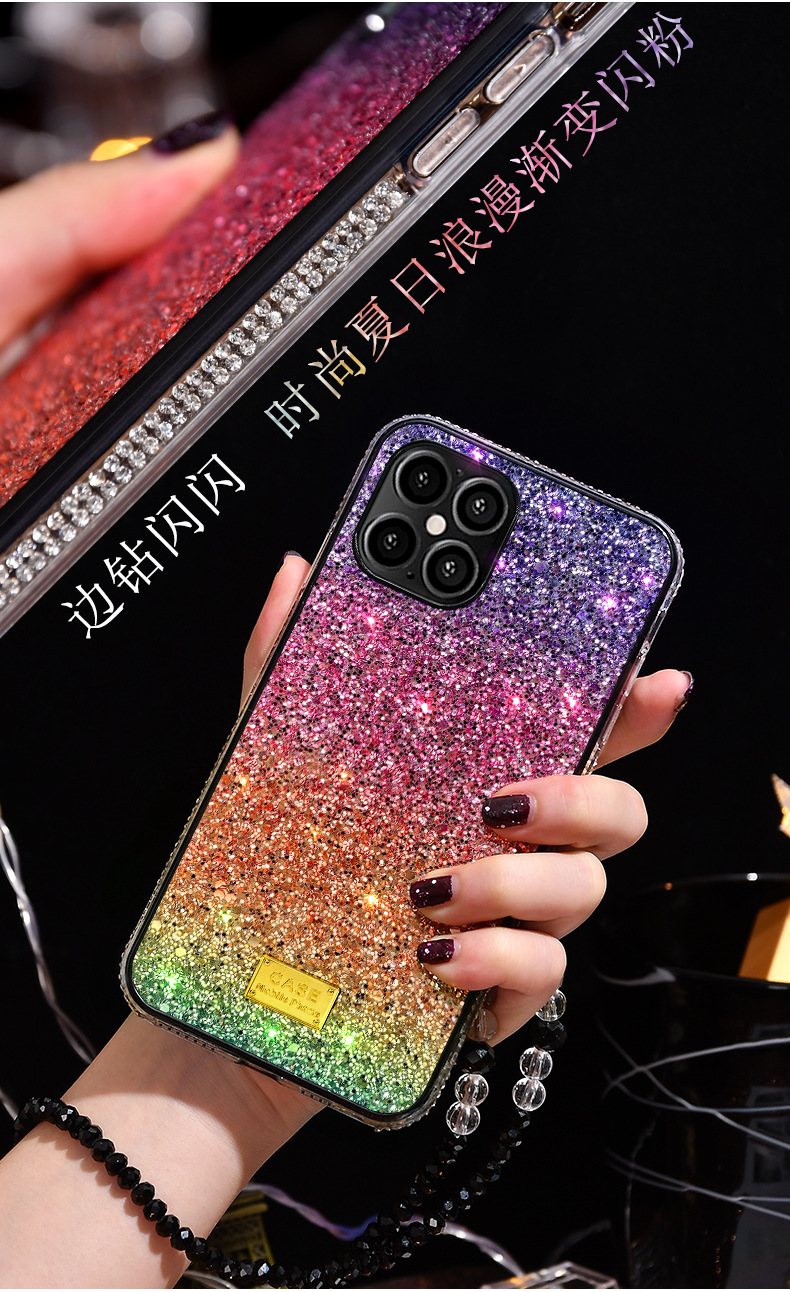 适用苹果11彩虹贴皮手机壳iphone xr带钻se闪粉xs镶钻7p厂家批发
