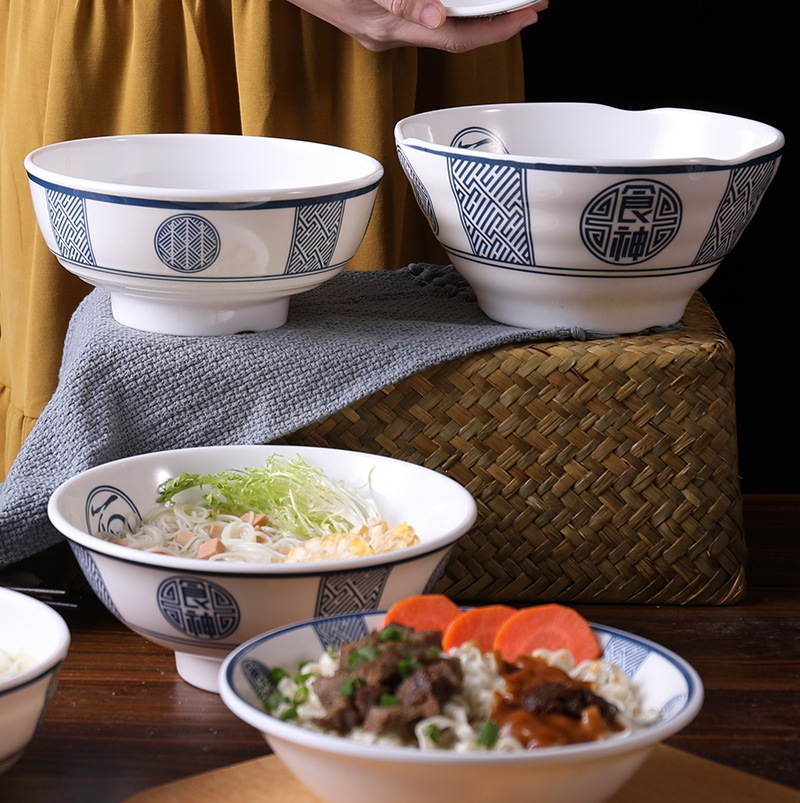 新中式密胺青花大号碗加厚餐厅仿瓷大牛肉面碗塑料面馆用碗馄饨碗