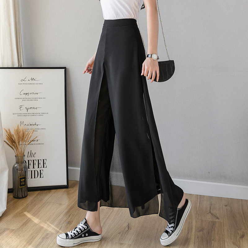 Real Shot 2022 Summer Korean Style High Waist Western Style Slimming Ice Silk Chiffon Wide Leg Pants Women's Drape Thin Ankle Culotte