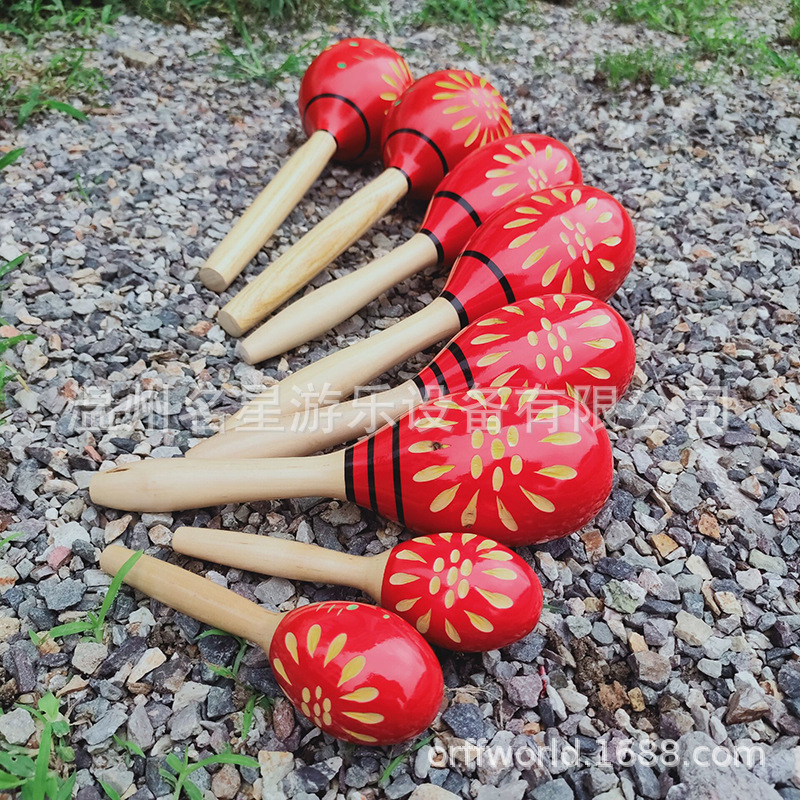 地摊货源产品儿童木质沙球 红色刻花大小号砂锤 幼儿早教演出沙槌