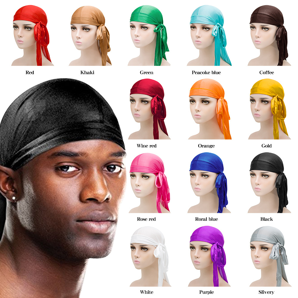 Amazon Hot Selling Men‘s and Women‘s Satin Elastic Toque Simulation Silk Long Tail Pirate Hat Silky Durag