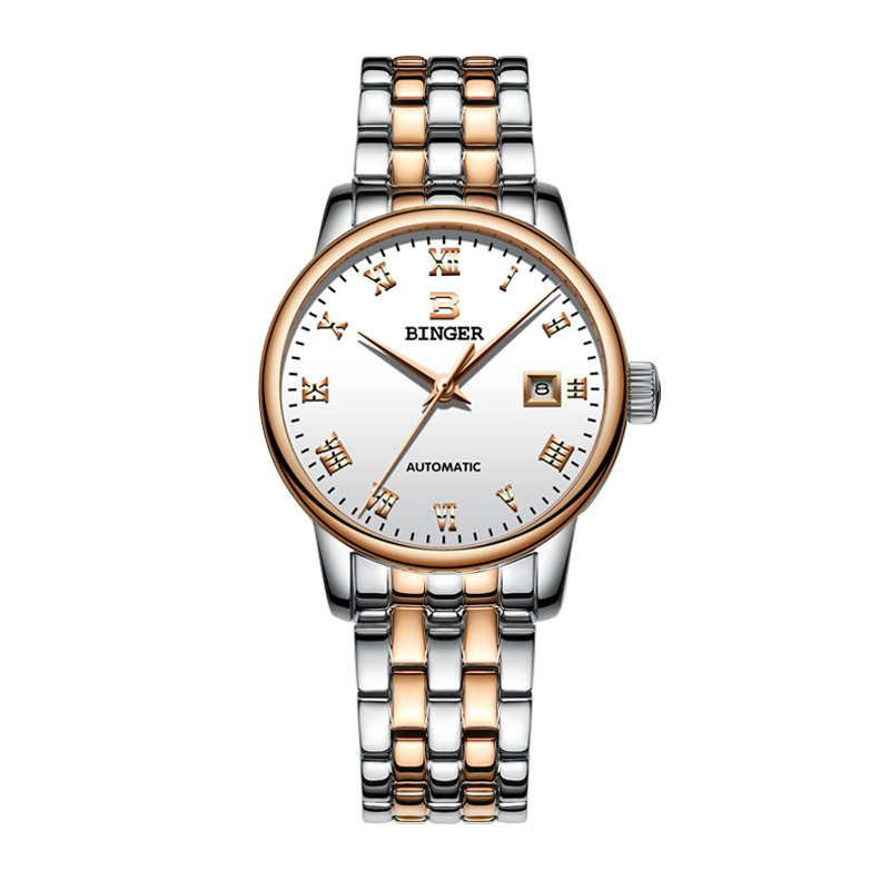 宾格binger手表全自动机械表时尚日历情侣对表精钢赛丽女士表5005