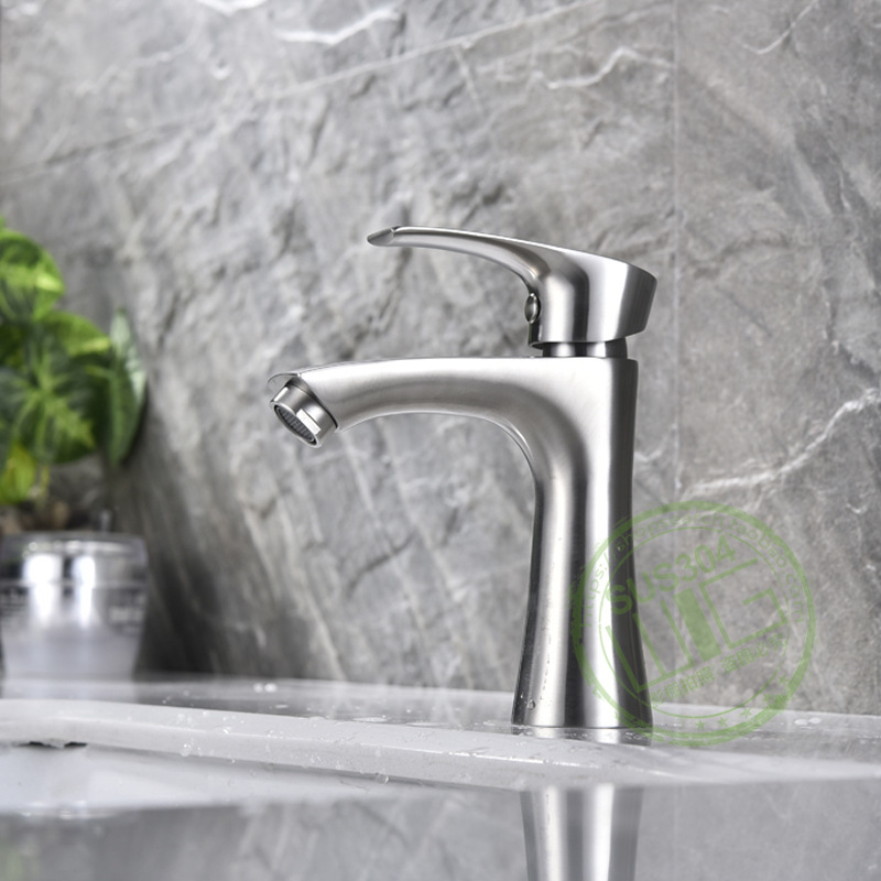 Lead-Free 304 Stainless Steel Ingle Handle Faucet with Cold Basin Bathroom Bathroom Drop-in Sink Single Hole Brushed Small Waist Faucet