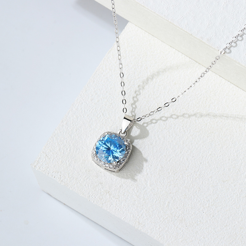s925纯银海洋之心项链韩版时尚方钻蓝水晶吊坠锁骨链百搭银饰批发