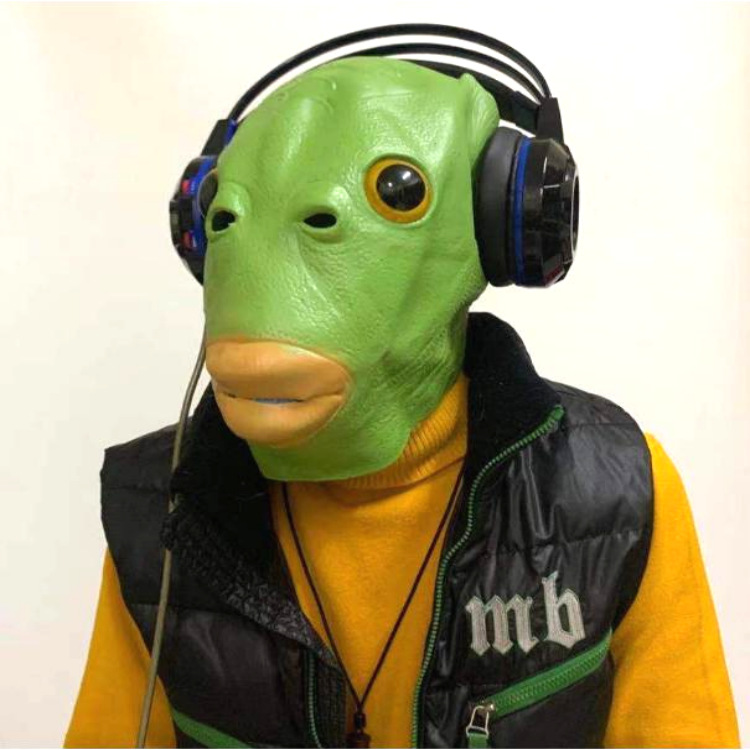 厂家批发绿鱼头美人鱼怪怪鱼面具头套 绿鱼人绿头怪动物乳胶头套