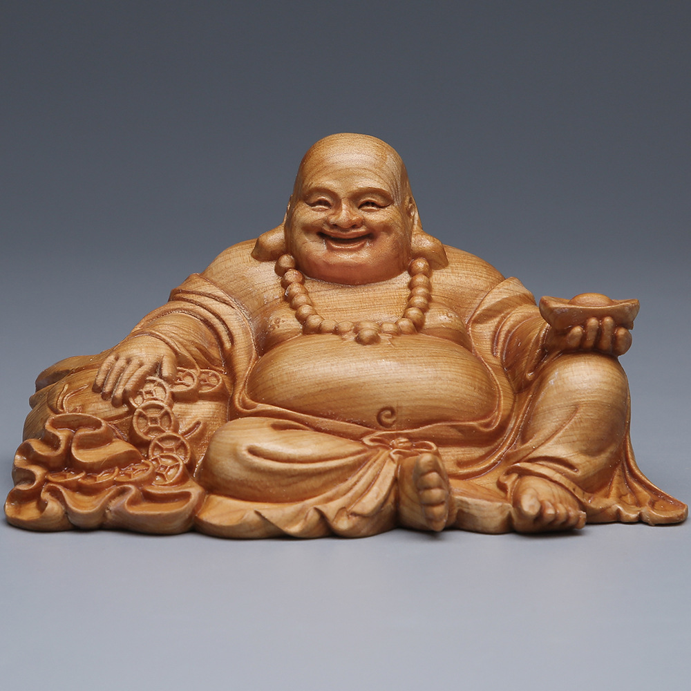 崖柏元宝弥勒木雕摆件 大肚佛文玩招财工艺品摆件开业送礼可定制