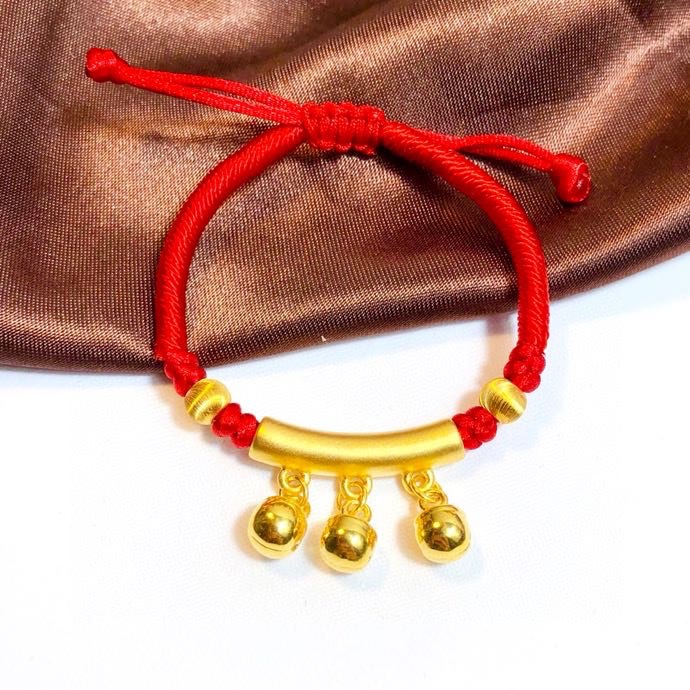 黄金铃铛红绳999足金硬金弯管铃铛手绳手链24k真金 送宝宝满月