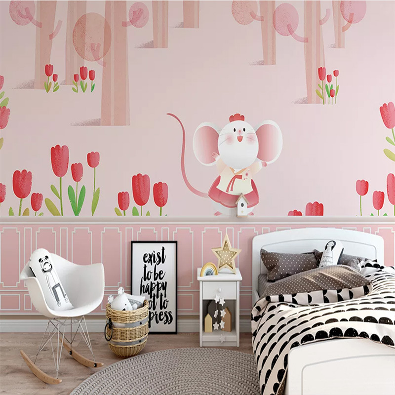 现代简约粉色卡通小鼠儿童房背景墙壁纸温馨卡通女孩卧室装饰画3d