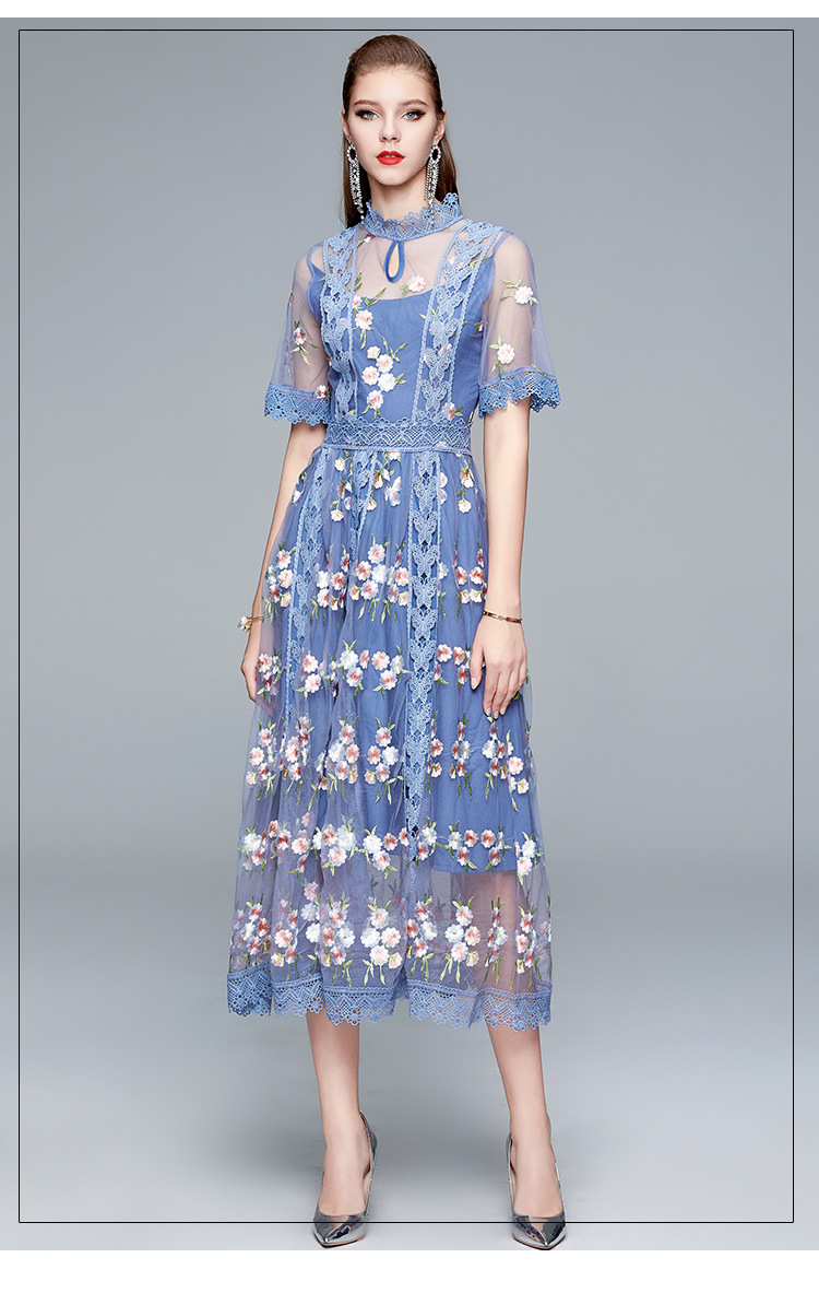 碎花洋裙 夏款 蕾丝拼接立领短袖立体刺绣纱网长裙 小仙女连衣裙