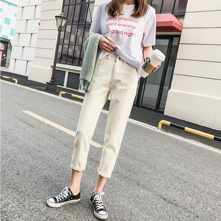 欧洲站牛仔裤女宽松显瘦直筒女复古米白色2020新款春秋九分裤软