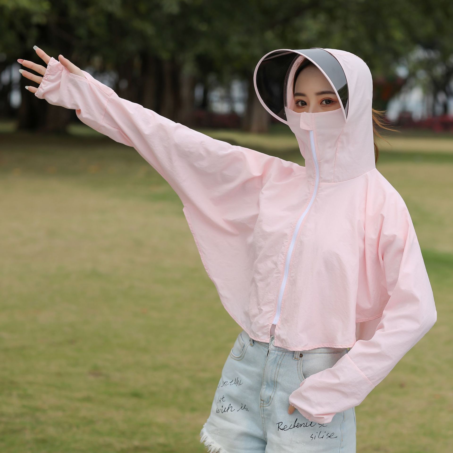 防晒衣女潮2020新款光板镜片连体防护外套户外骑车防太阳大檐帽子