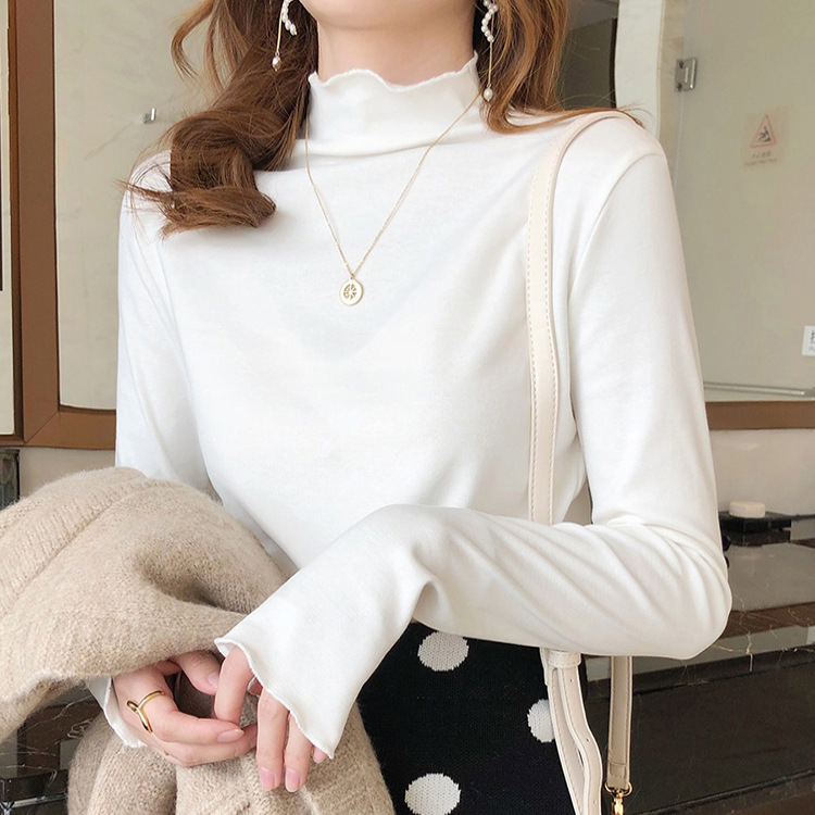 2023 Autumn and Winter New Bottoming Shirt Women's Wooden Ear Half-High Collar Long Sleeves Solid Color Inner Wear Slim Fit Warm Dralon Top