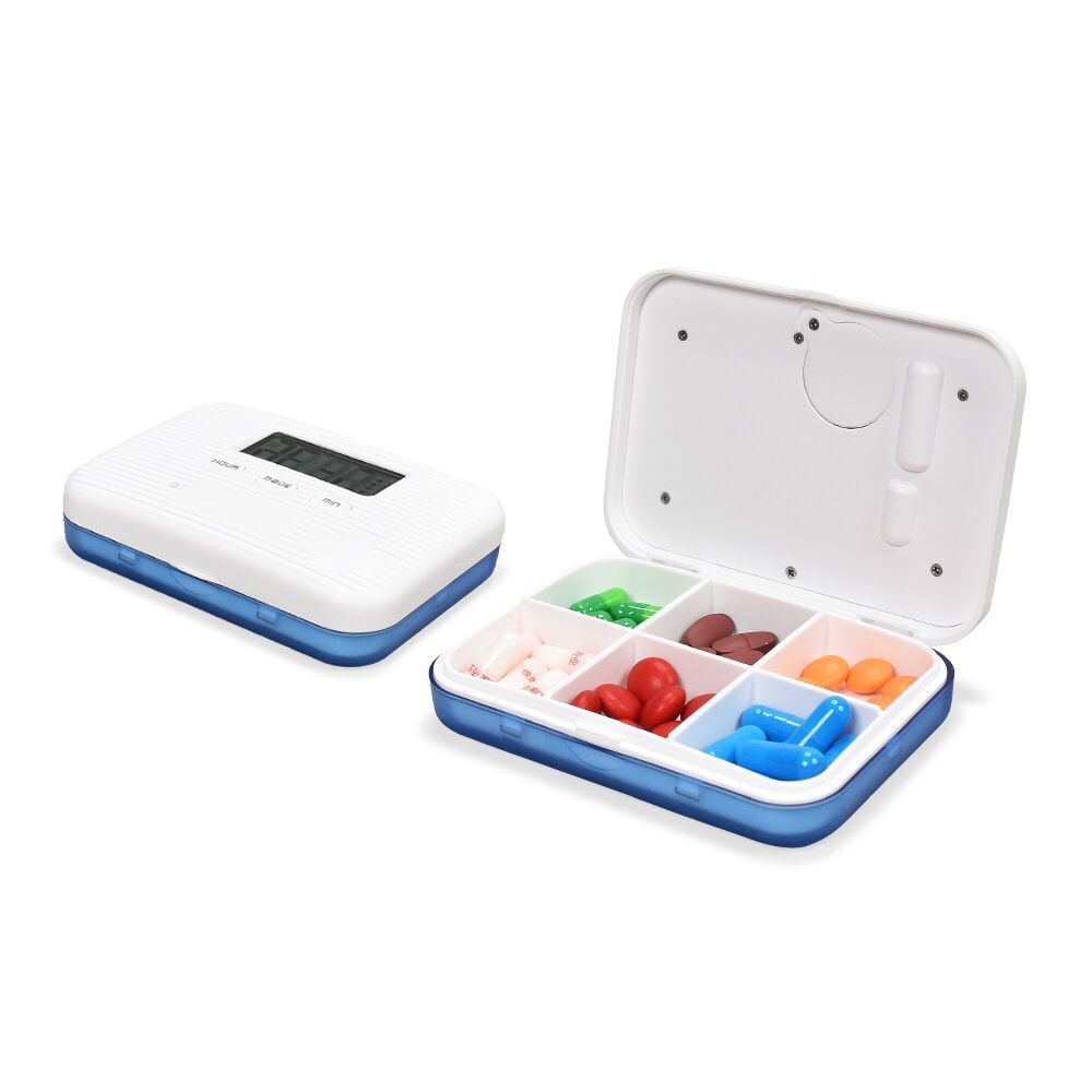 蓝色定时提醒分格电子药盒 6格电子版迷你密封药盒便携厂家可代发