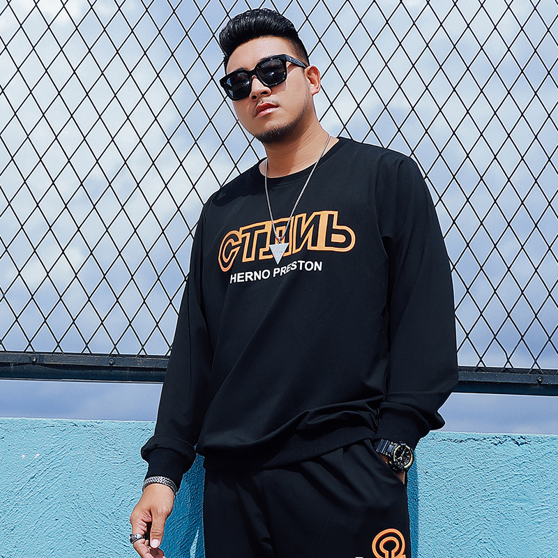 t5619大码男卫衣ins潮港风圆领时尚印花加肥加大胖子宽松显瘦秋衣