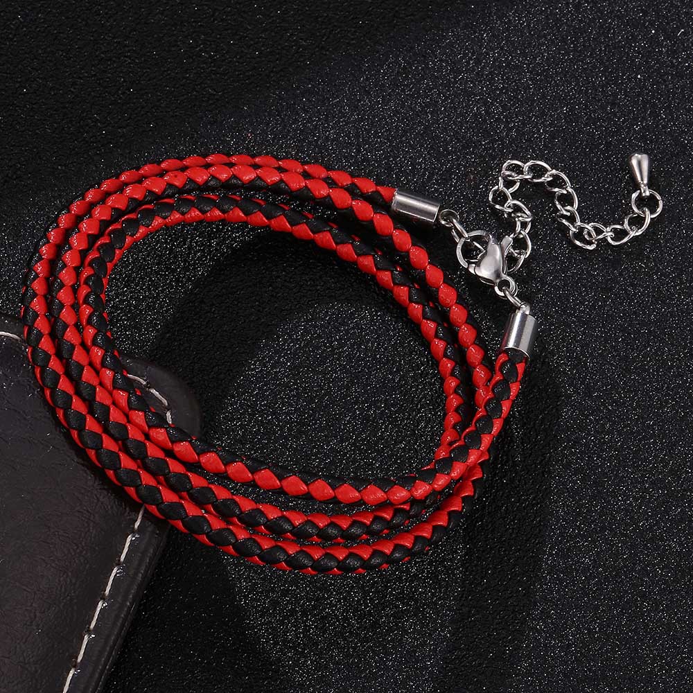韩版时尚男女编织多层缠绕皮绳手链情侣休闲手带diy朋克手链红黑