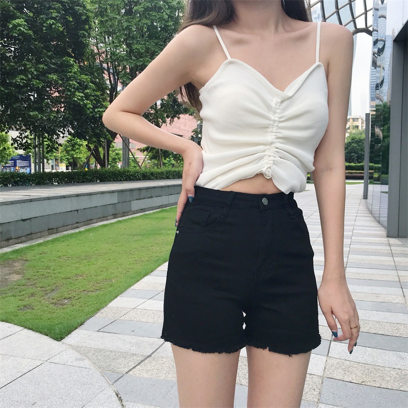 黑色牛仔短裤女2020夏季新款韩版高腰学生紧身刺绣弹力毛边热裤潮