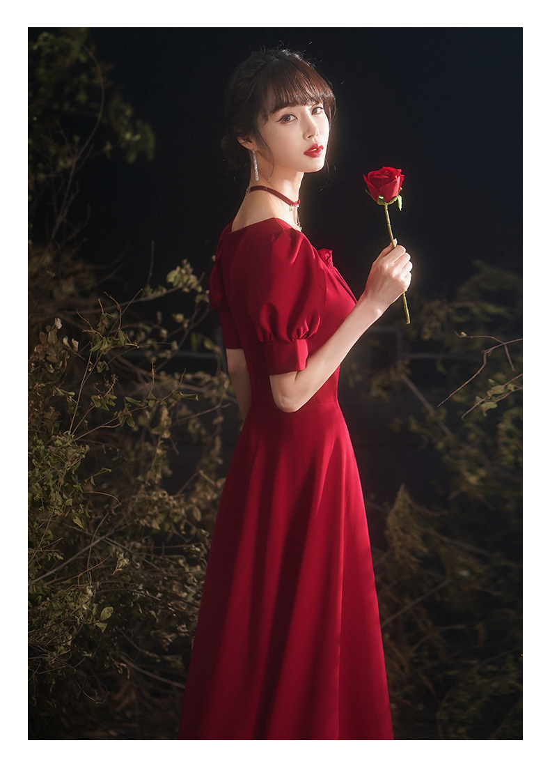 敬酒服新娘2020新款夏秋季现代气质酒红色长款泡泡袖结婚礼服裙女