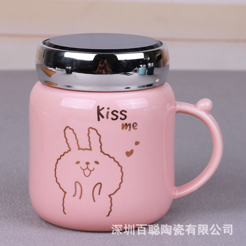 Ceramic Cup with Cover Spoon Mirror Vacuum Cup Cute Cartoon Mug Creative Couple Office Cup Gift Customization