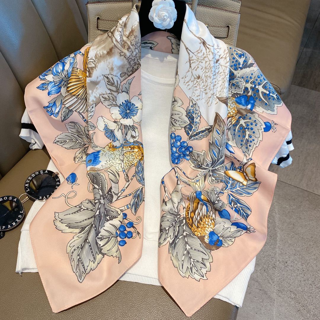 Spring New Korean High-End Fashion Wholesale 90 Silk Scarf Artificial Silk Printing Hundred Women's Fashion Twill Large Kerchief