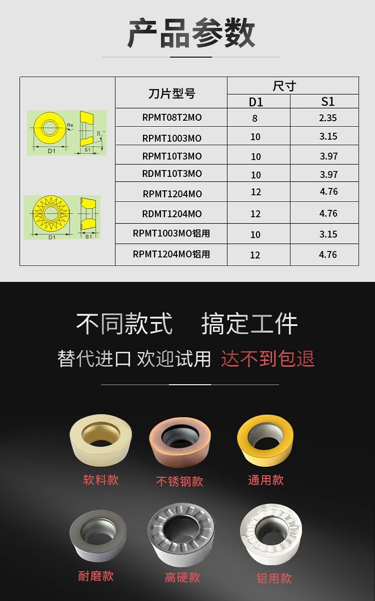 r4 r5 r6数控铣刀片rpmw1003圆刀片rdmt10t3硬质合金rpmt1204刀粒