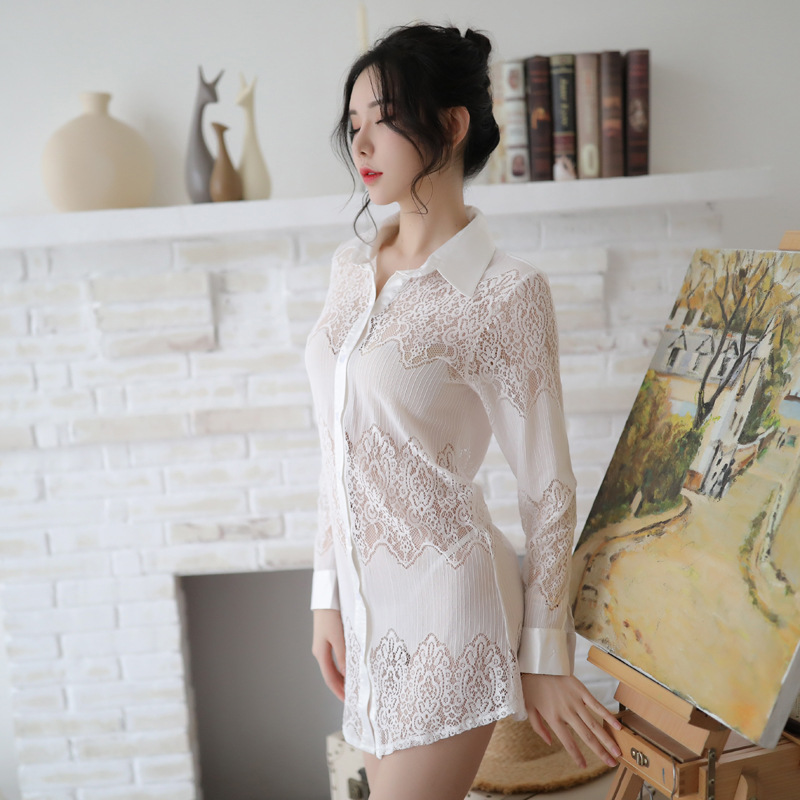 以妮 性感镂空透视衬衫女火辣制服诱惑衬衫情趣透视大码情趣内衣