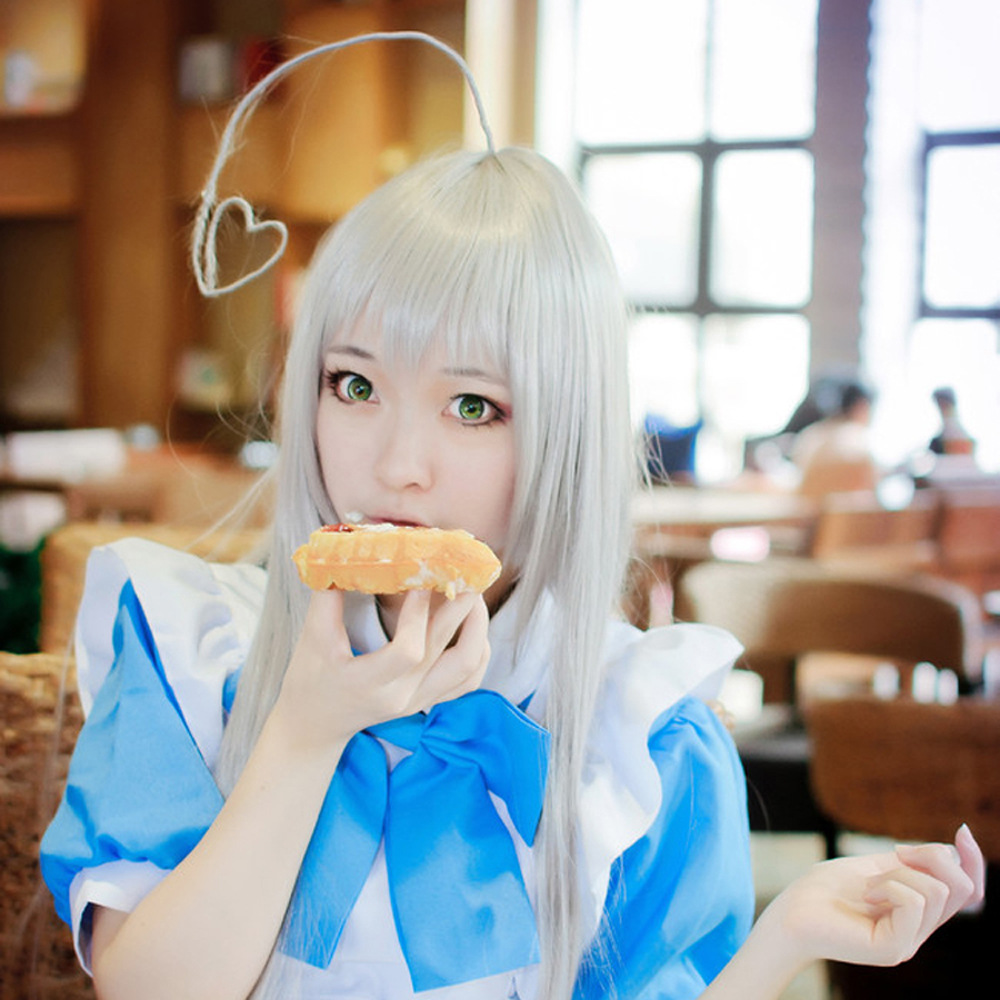 潜行吧奈亚子假发银灰色100cm长直发cosplay假发可做呆毛现货