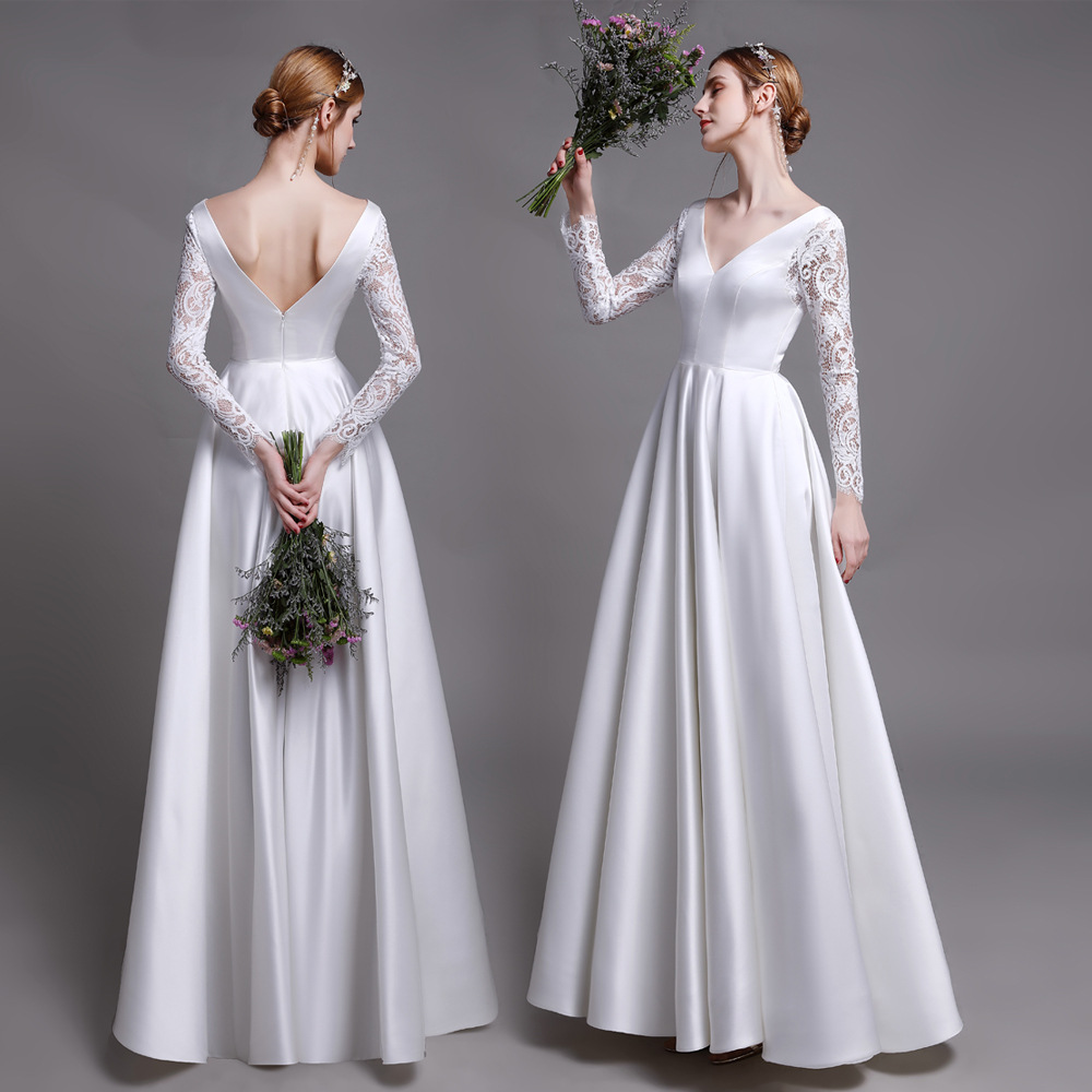 婚纱2021新款礼服简约蕾丝长袖齐地缎面轻婚纱白色出门轻纱迎宾女