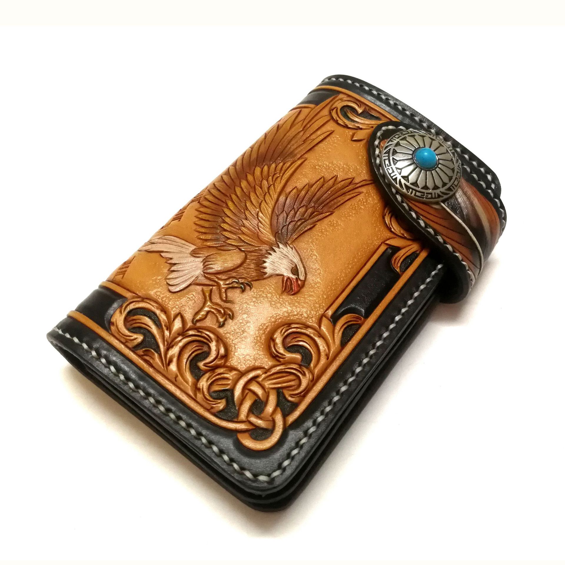 批发手工皮雕按扣复古钱包真皮钱包雕刻印第安人美国鹰手工缝线