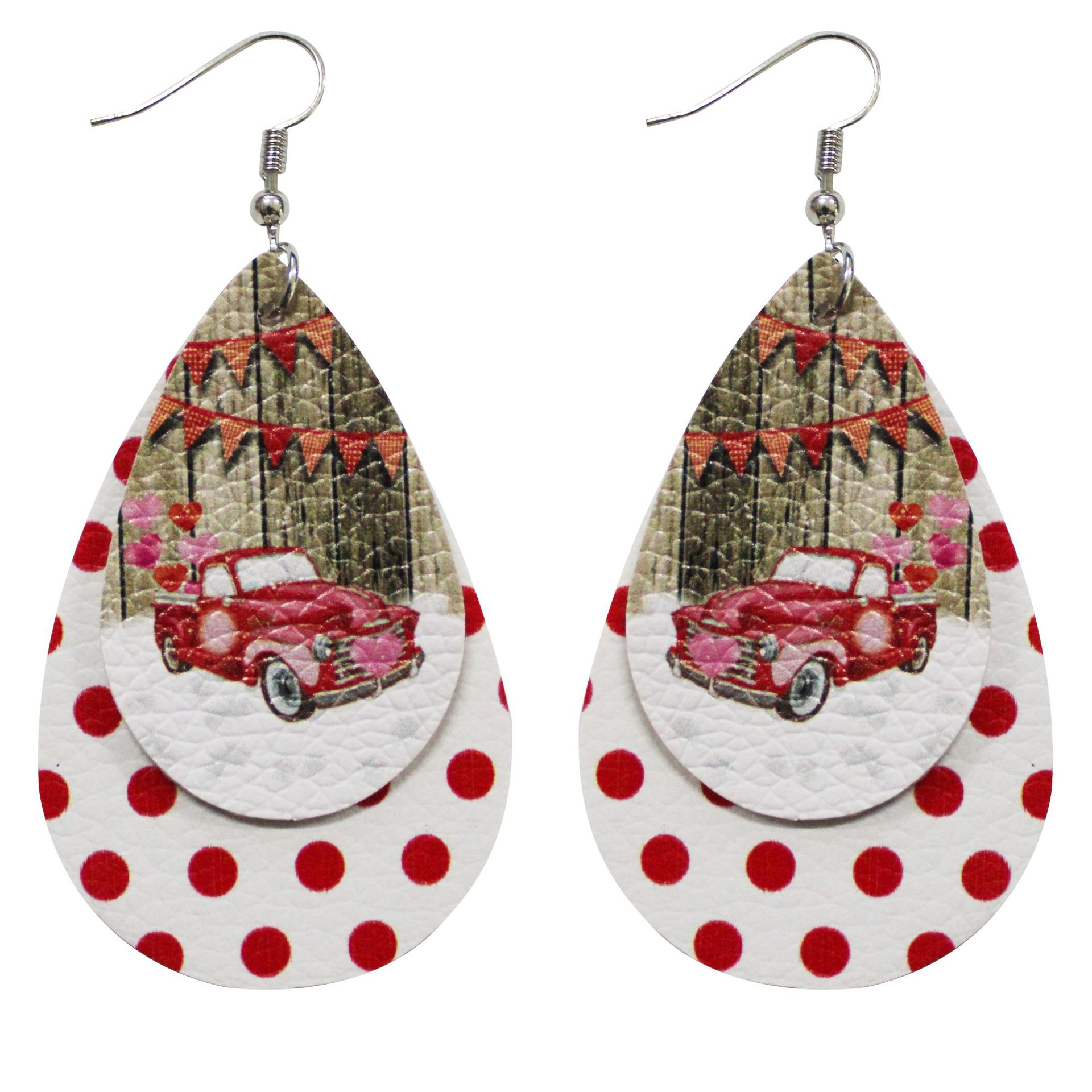 Valentine's Day Car Love Double Layer Water Drop Earrings Leather PU Christmas Plaid DIY Amazon Cross Border