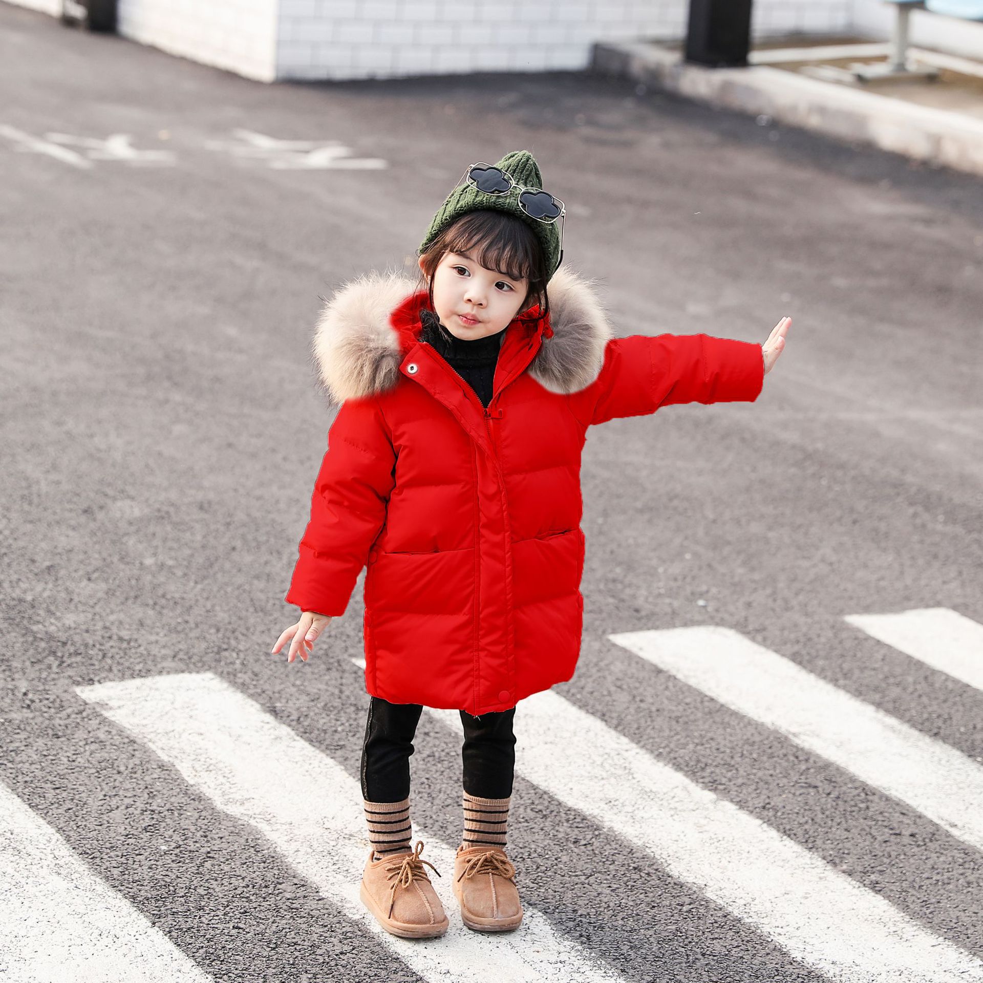 韩版童装冬季羽绒棉服手塞棉女童连帽外套大毛领保暖加厚长款上衣
