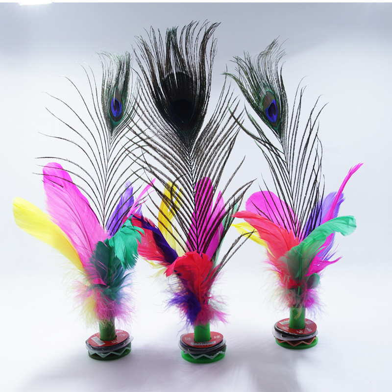 厂家直供高档孔雀毛鸡毛毽子 彩色花毽 成人学生比赛娱乐休闲毽球