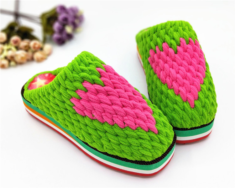 冬季少女心形手工编织拖鞋 材料包钩针 冰条线粗毛线鞋底勾鞋教程