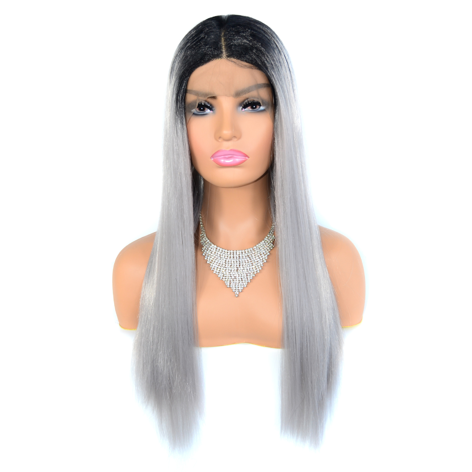 foreign trade front lace wig head cover t-shaped front lace chemical fiber wig long straight hair mid-length lace head cover