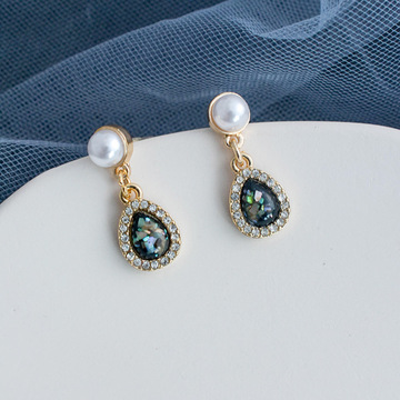 复古水晶欧泊耳环银针耳坠简约气质水滴耳钉女