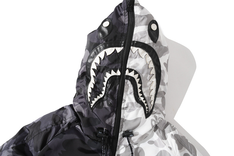 欧美潮牌鲨鱼头骷髅头迷彩暗黑系拼色百搭拉链连帽男女情侣棉衣