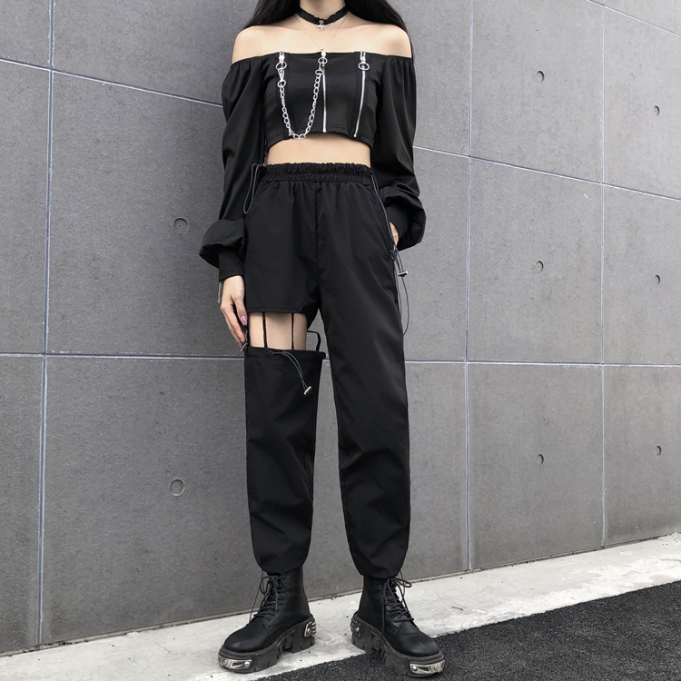 lisa同款裤破洞镂空裤子女宽松显瘦休闲嘻哈工装裤女束脚直筒高腰