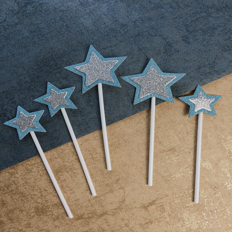 生日蛋糕插牌 闪亮金粉派对甜品台布置装饰 双层星星蛋糕装饰插卡