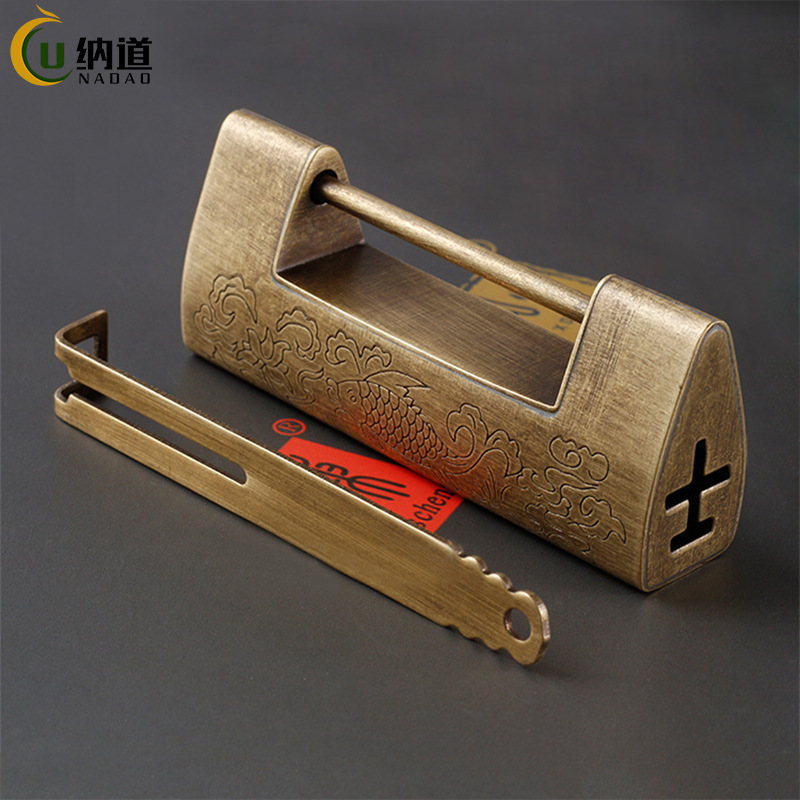 中式仿古纯铜横开挂锁老式锁头复古刻花全铜古代横插销锁木箱子锁